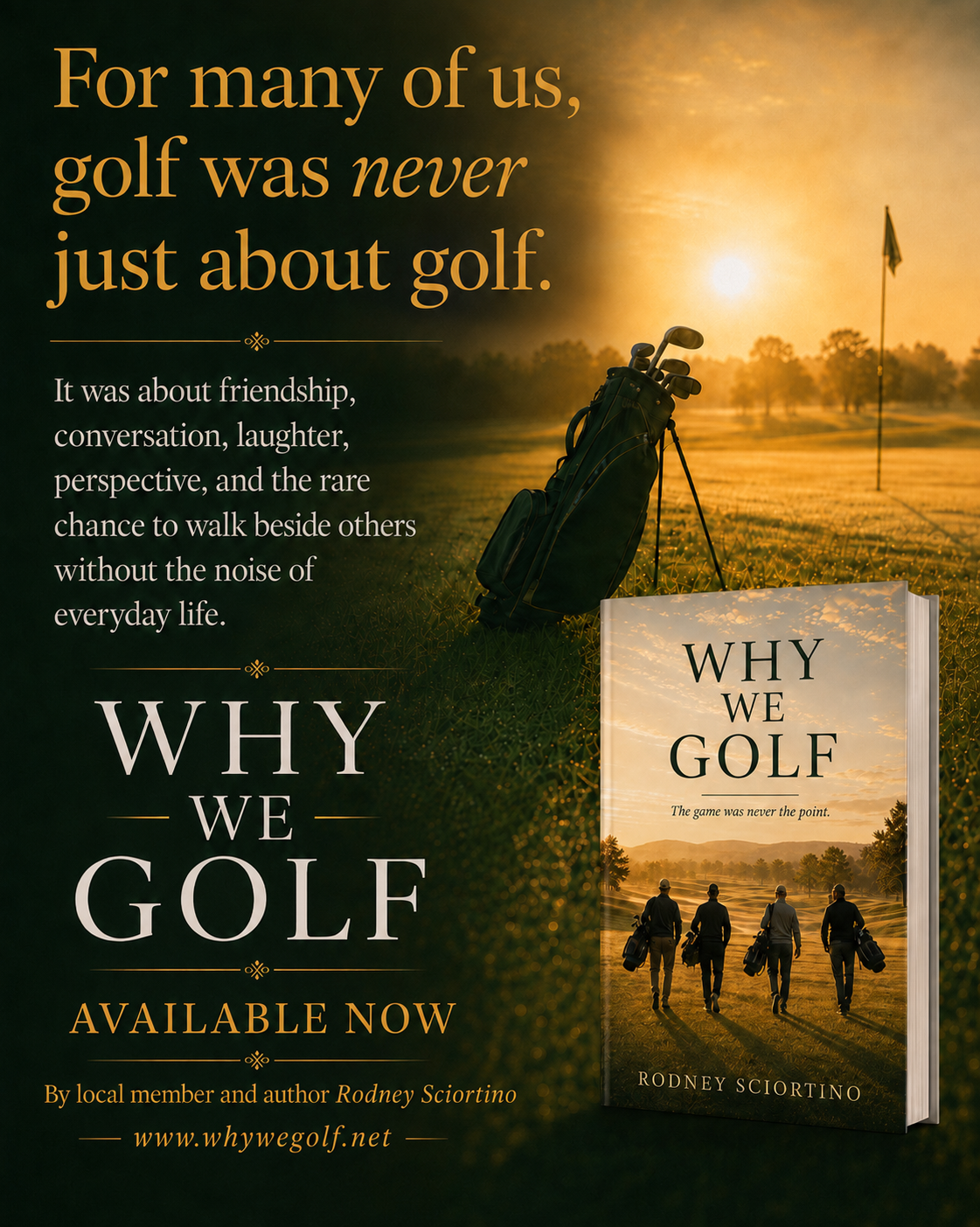 Why We Golf promotional artwork featuring the book and a golf course at sunset